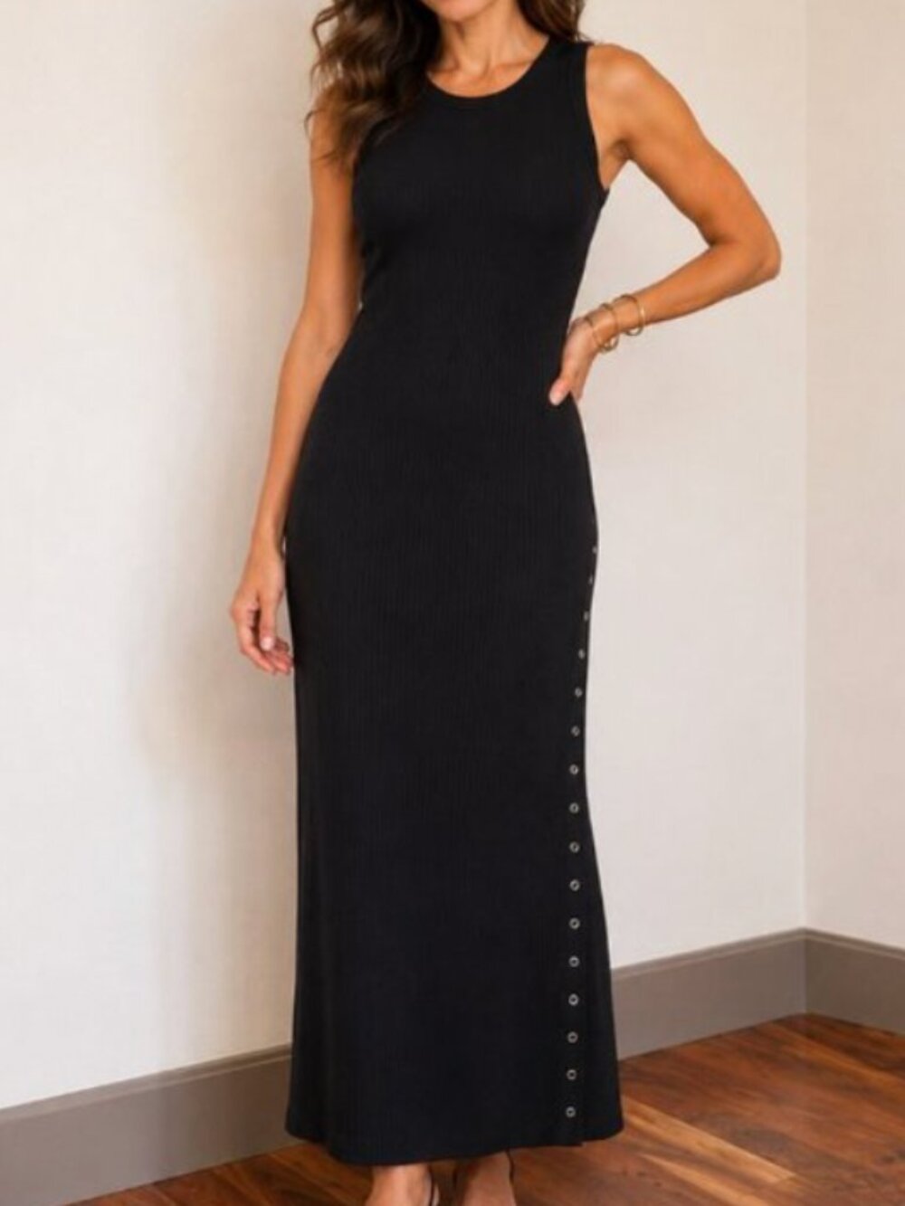 NSF BLACK RIBBED MAXI DRESS WITH SNAP SIDING MEDIUM